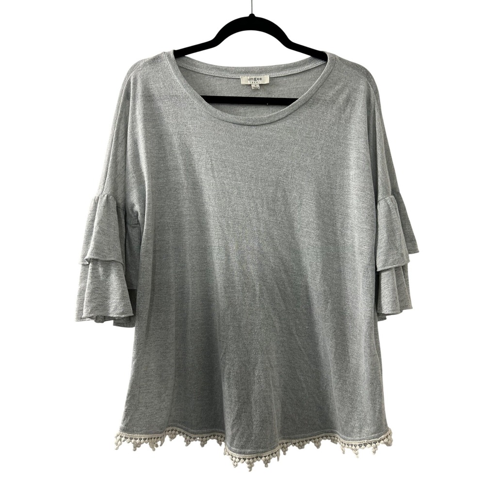 Umgee Heathered Knit Top S Grey Tiered Ruffle Sleeve Pom Pom Boho Cottagecore